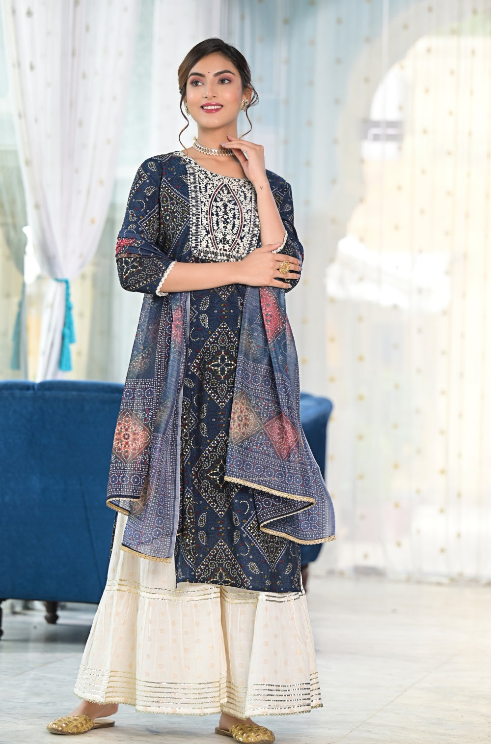 Bandhani Silk Blend Sharara 3-piece Set in Reddish Maroon