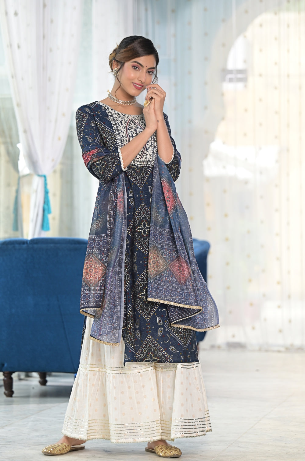 Bandhani Silk Blend Sharara 3-piece Set in Reddish Maroon