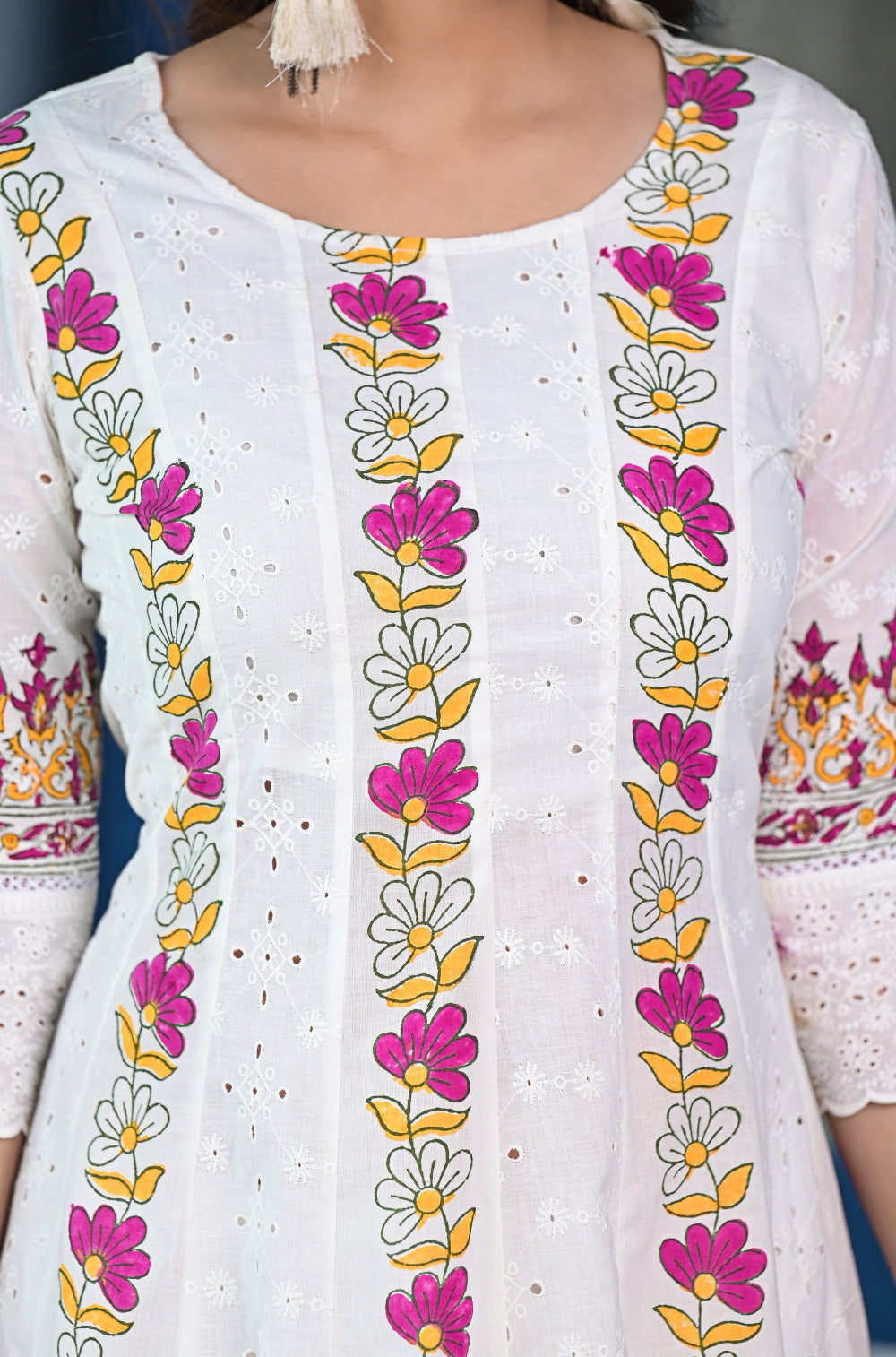 ANARKALI SET NUMBER 1 - Off-White Cotton Cambric Anarkali with Intricate Chikankari and Hand Block Prints