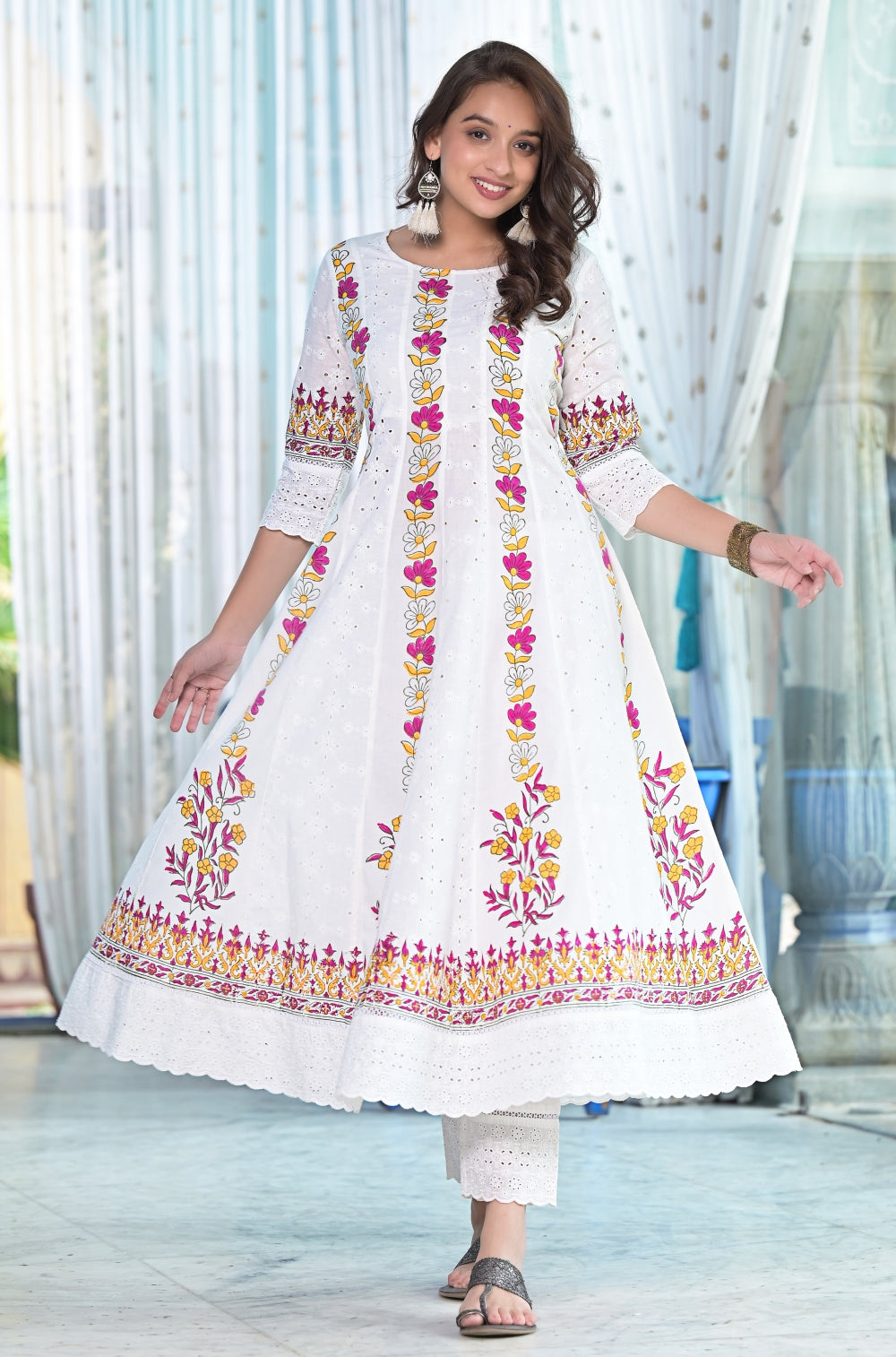 ANARKALI SET NUMBER 1 - Off-White Cotton Cambric Anarkali with Intricate Chikankari and Hand Block Prints