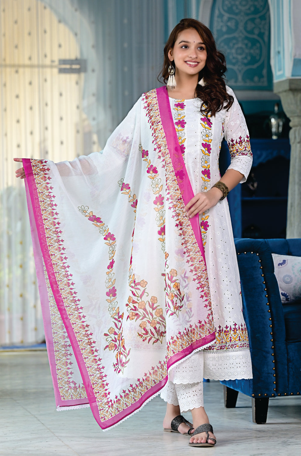 ANARKALI SET NUMBER 1 - Off-White Cotton Cambric Anarkali with Intricate Chikankari and Hand Block Prints