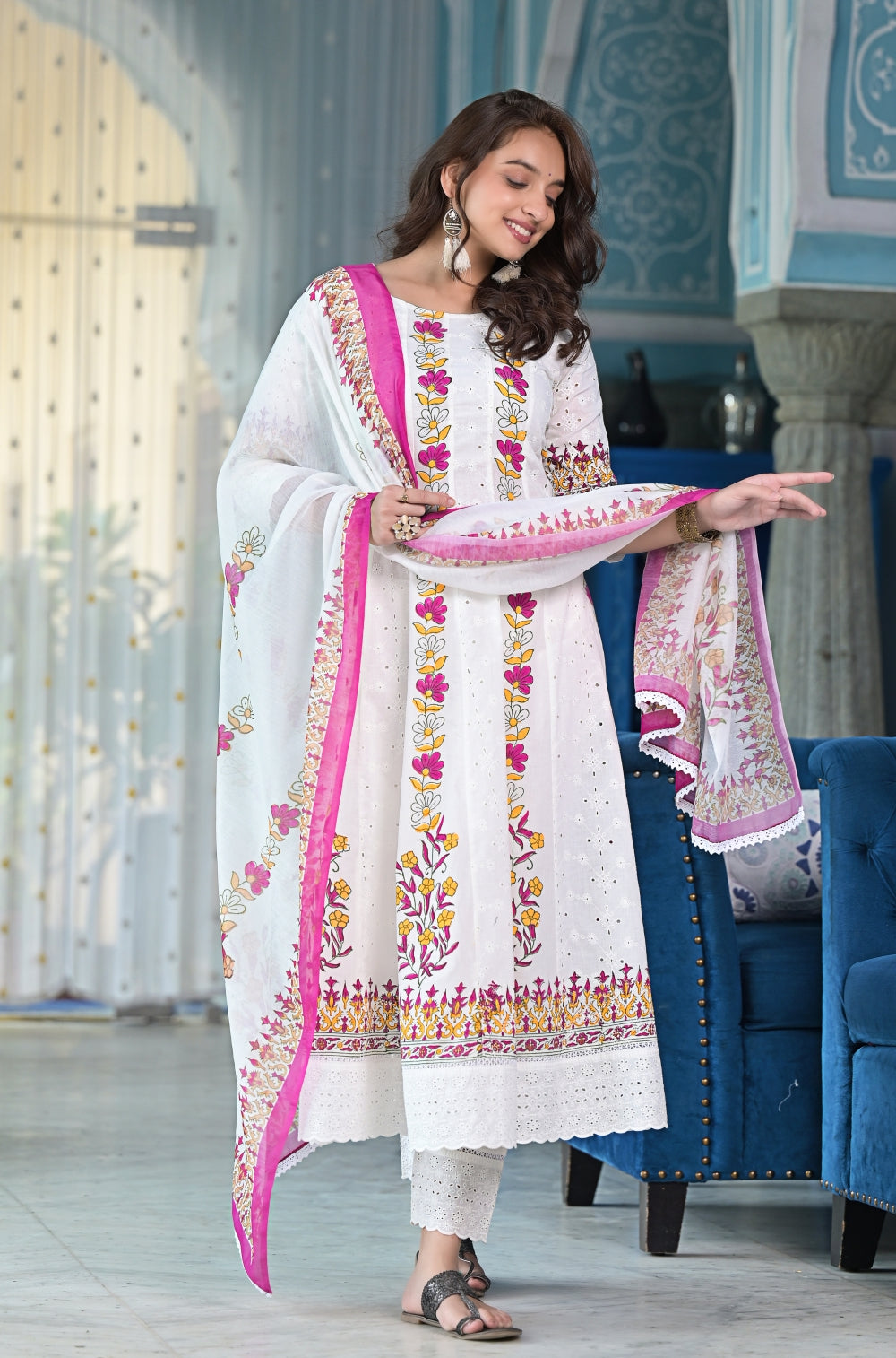 ANARKALI SET NUMBER 1 - Off-White Cotton Cambric Anarkali with Intricate Chikankari and Hand Block Prints