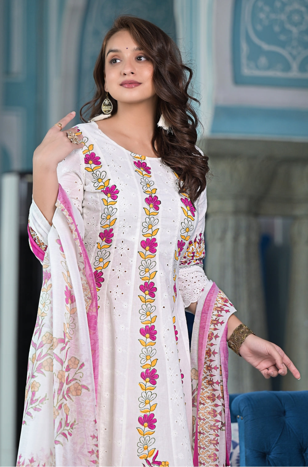 ANARKALI SET NUMBER 1 - Off-White Cotton Cambric Anarkali with Intricate Chikankari and Hand Block Prints