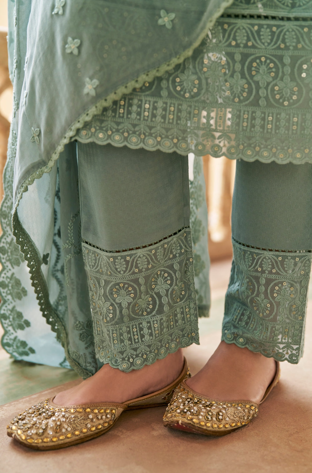 3-piece Olieve green Kurta Set with Embroidered Sequins & Mulmul Lining