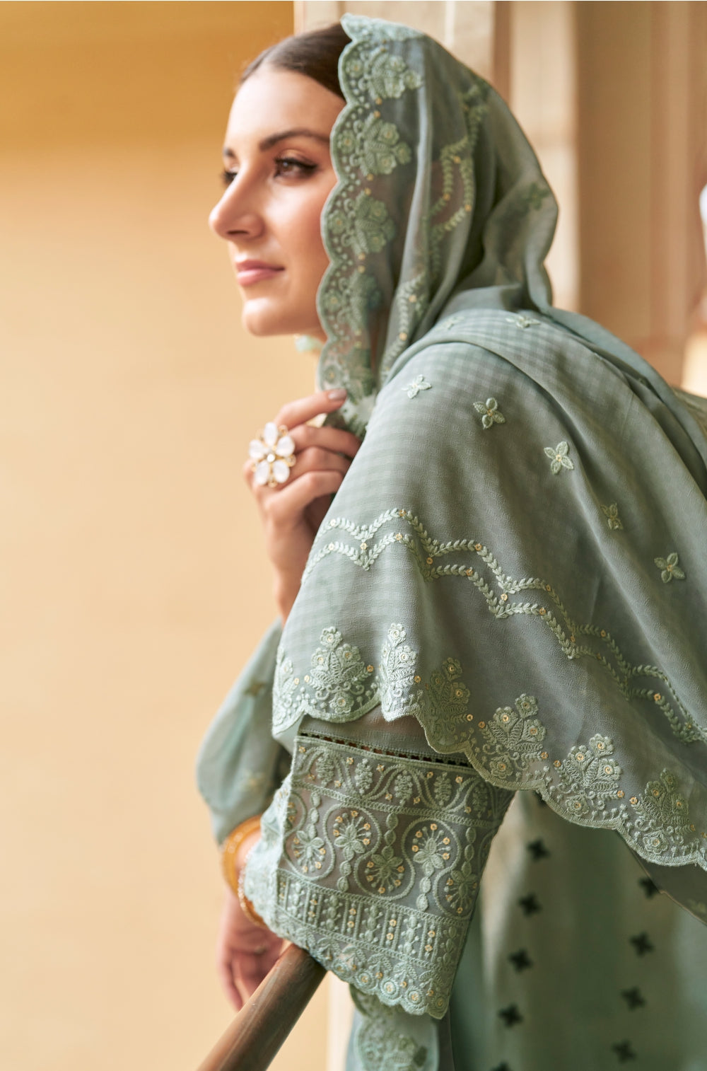 3-piece Olieve green Kurta Set with Embroidered Sequins & Mulmul Lining