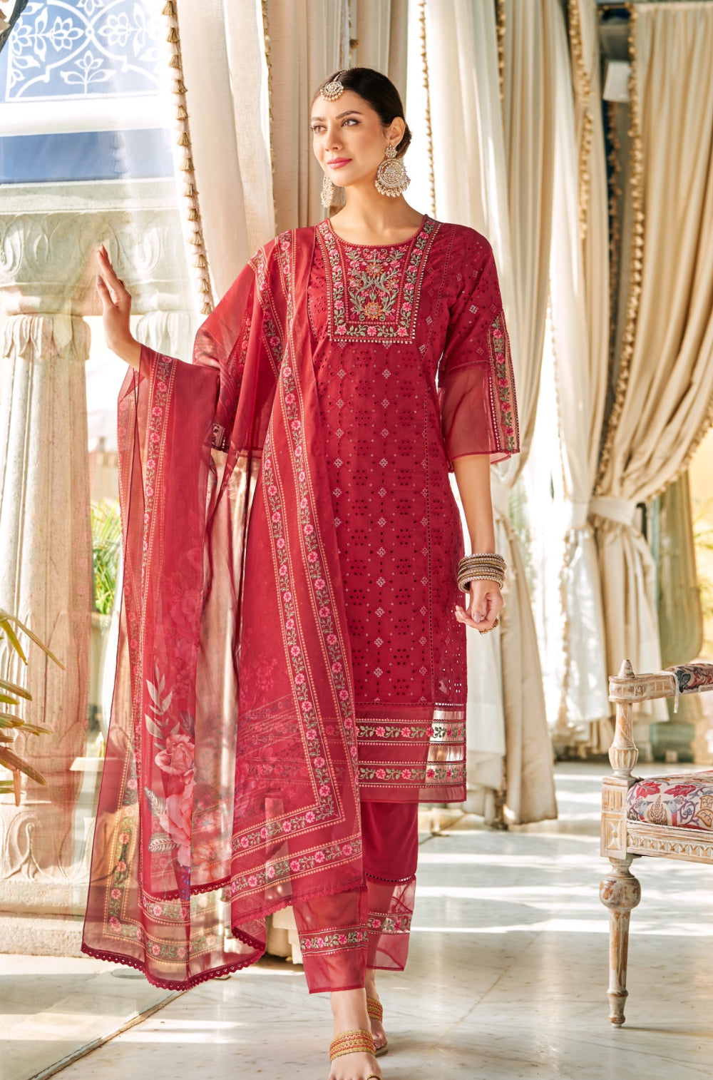 Maroon Chikankari 3-Piece Kurta Set with Luxe Cotton & Exquisite Embroidery