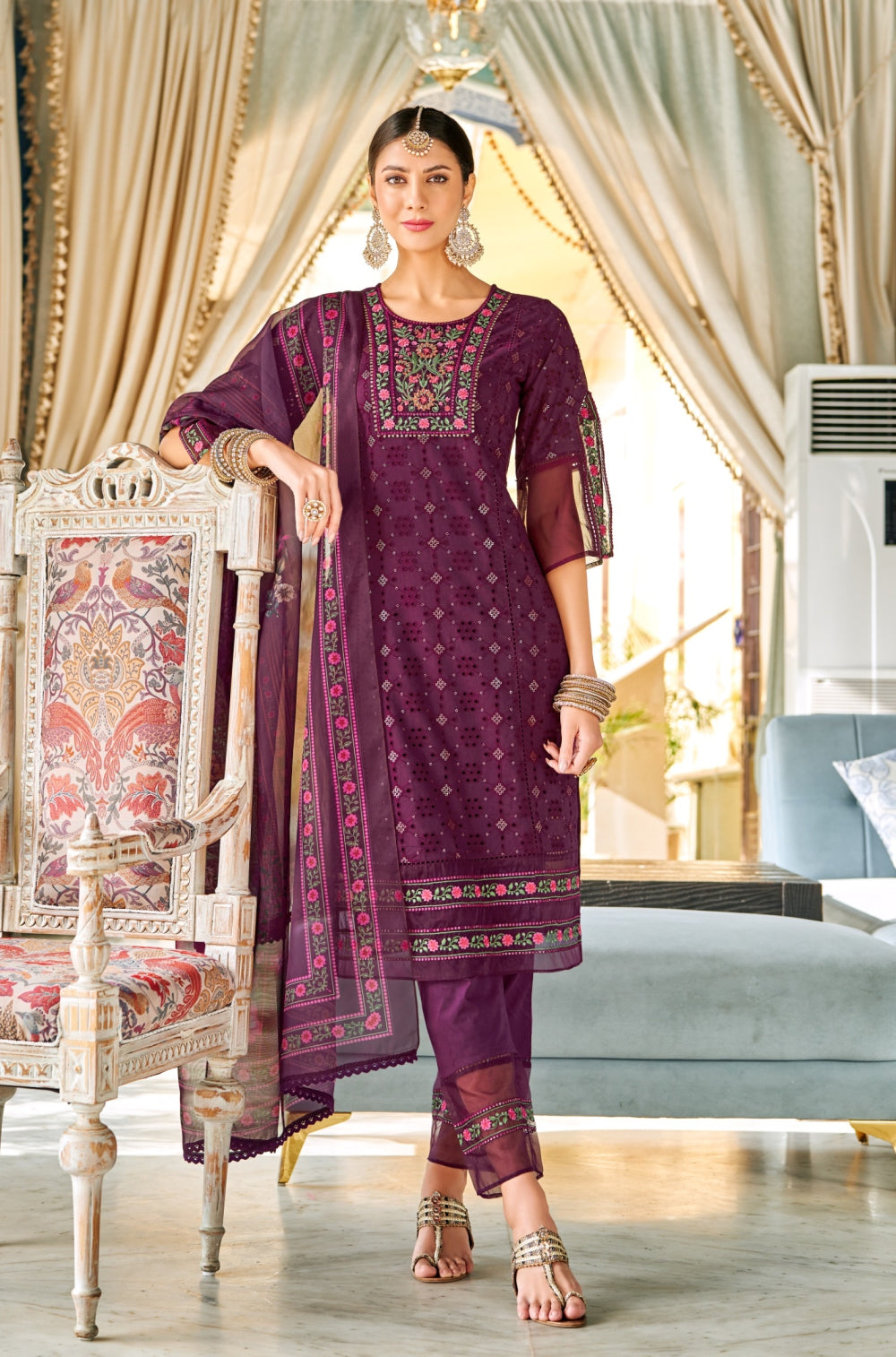 Wine Chikankari 3-Piece Kurta Set with Luxe Cotton & Exquisite Embroidery