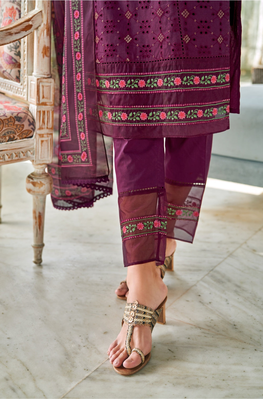 Wine Chikankari 3-Piece Kurta Set with Luxe Cotton & Exquisite Embroidery