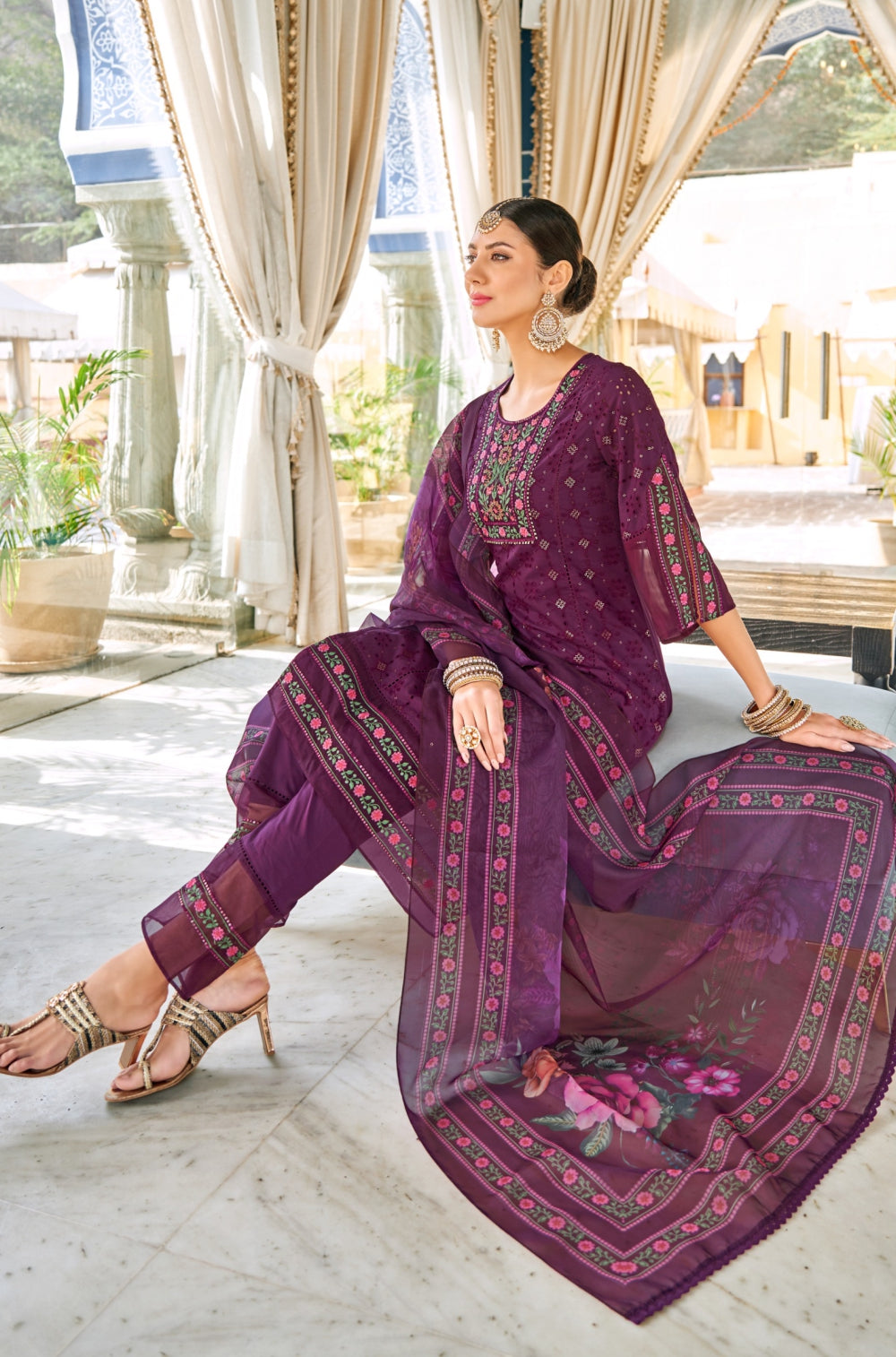 Wine Chikankari 3-Piece Kurta Set with Luxe Cotton & Exquisite Embroidery