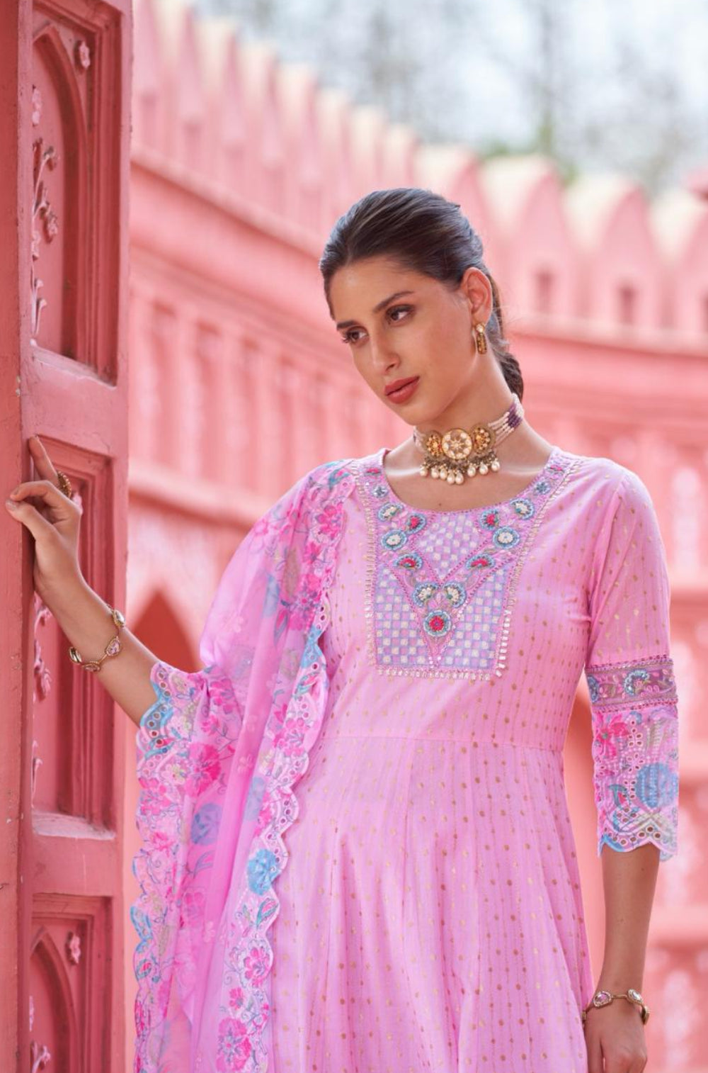 Pink Cotton Anarkali Dress with Hand Embroidery and Chikankari