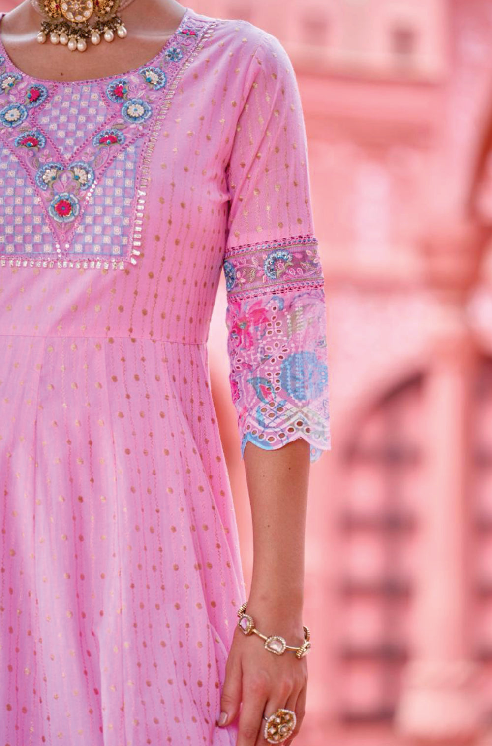 Pink Cotton Anarkali Dress with Hand Embroidery and Chikankari
