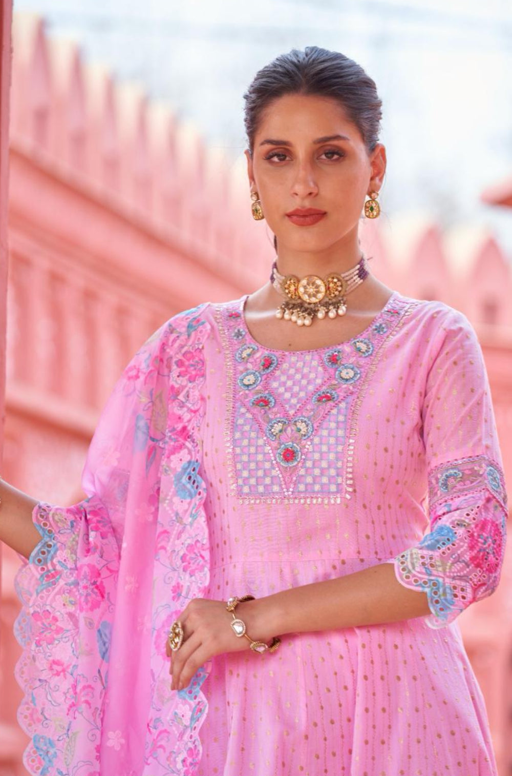 Pink Cotton Anarkali Dress with Hand Embroidery and Chikankari