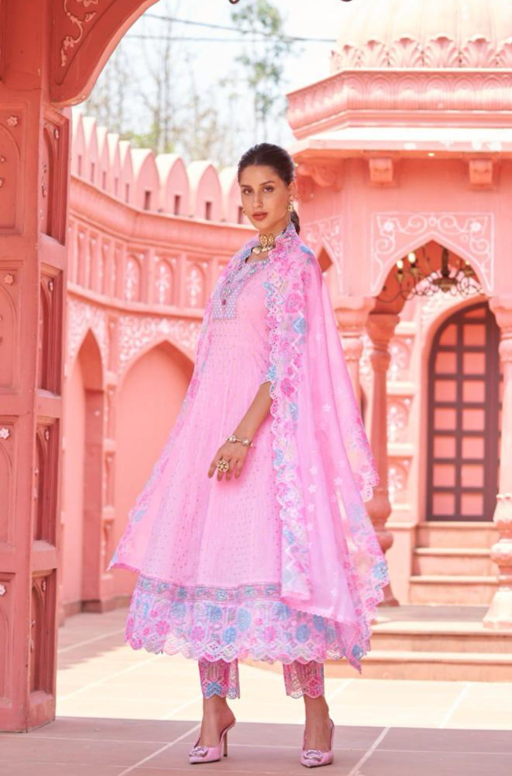 Pink Cotton Anarkali Dress with Hand Embroidery and Chikankari
