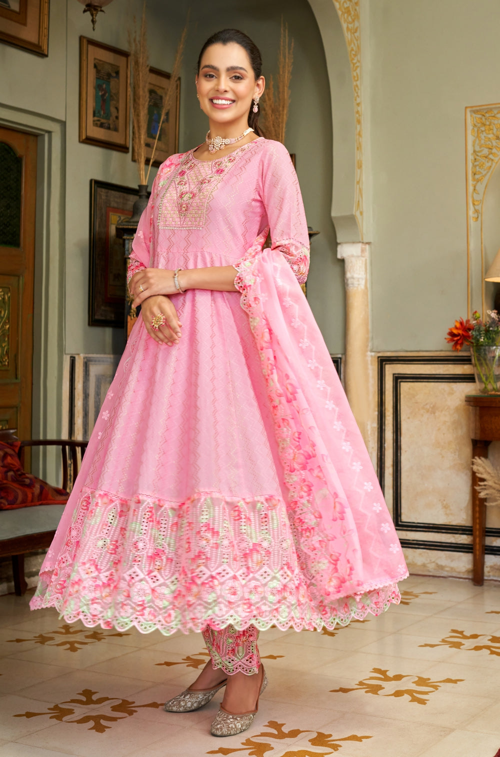 Cotton Dobby Anarkali Set with Chikankari Flair