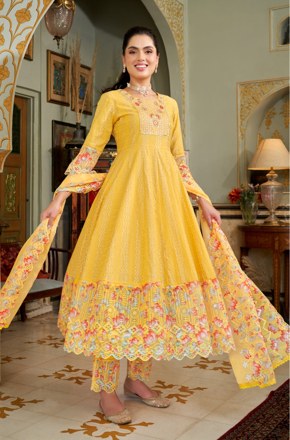 Mustard Yellow Anarkali Set with Organza Chikankari Dupatta