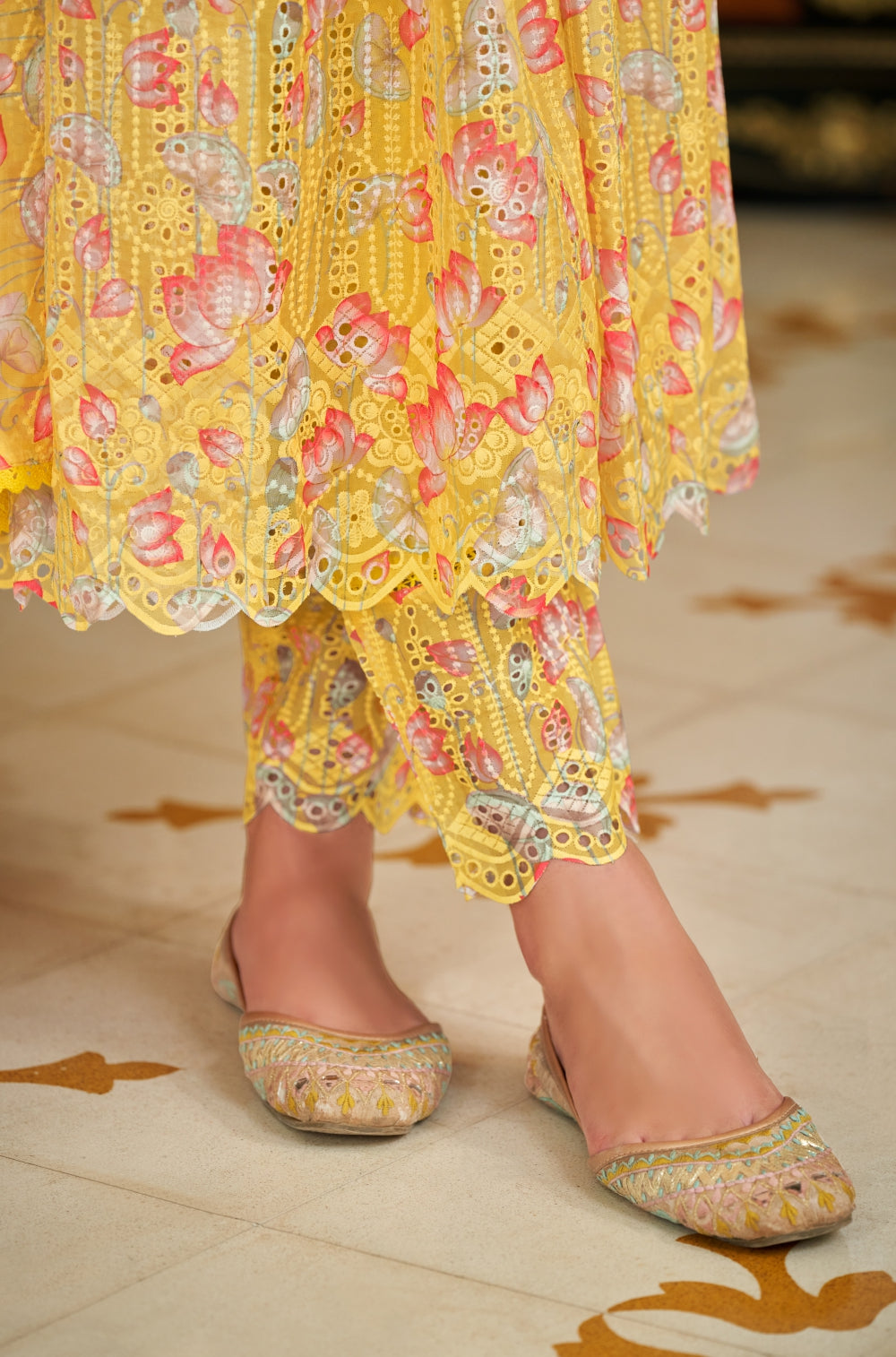 Mustard Yellow Anarkali Set with Organza Chikankari Dupatta