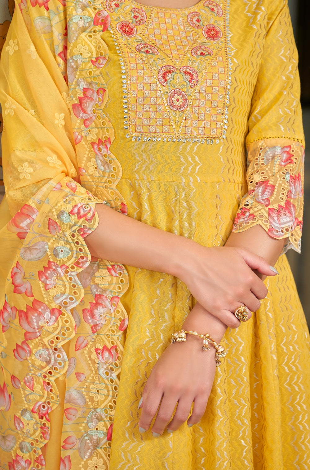 Mustard Yellow Anarkali Set with Organza Chikankari Dupatta