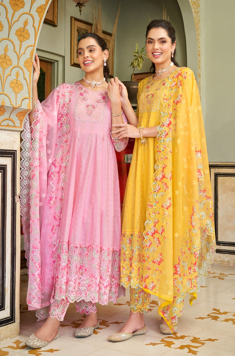 Mustard Yellow Anarkali Set with Organza Chikankari Dupatta