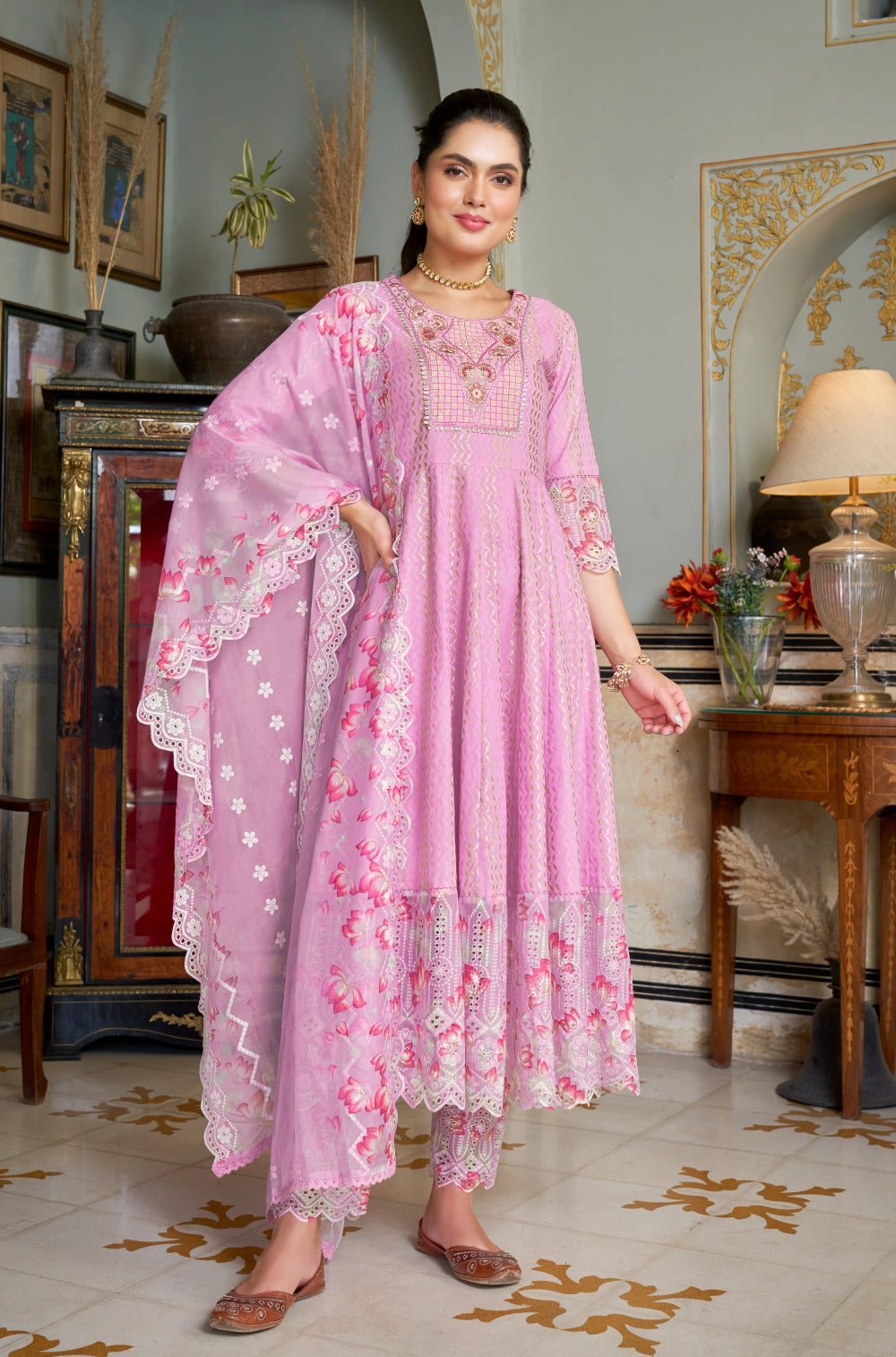 Pink Lavender Chikankari Embroidered 3 pcs Anarkali Set with Organza Dupatta