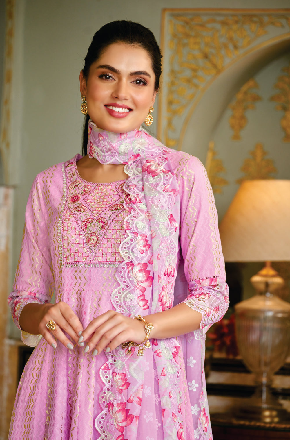 Pink Lavender Chikankari Embroidered 3 pcs Anarkali Set with Organza Dupatta