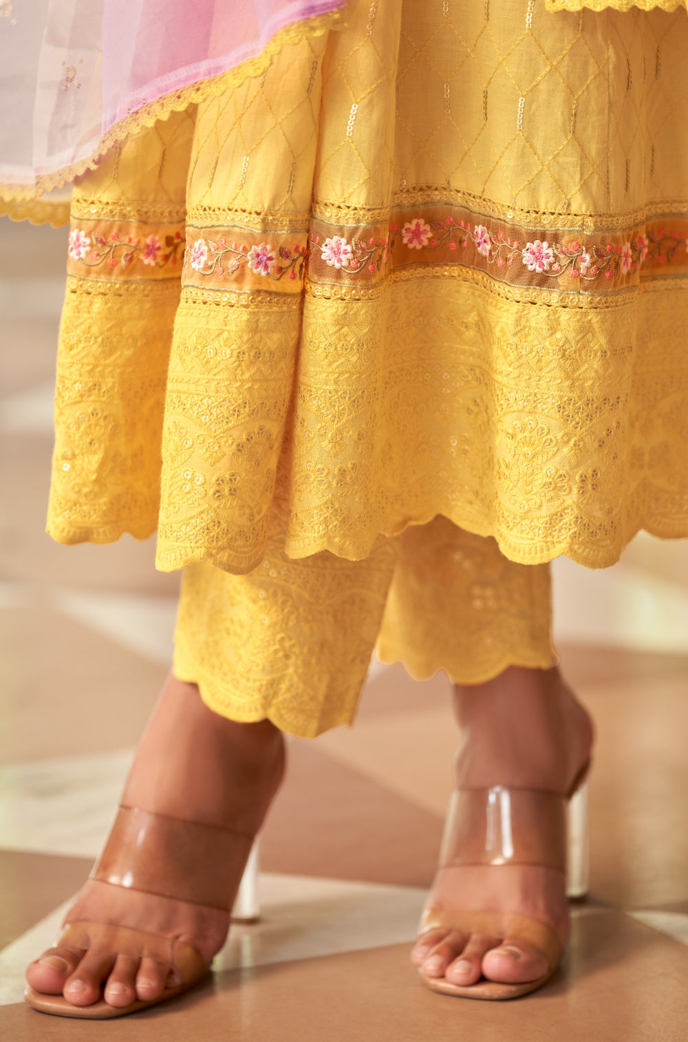 Mustard Cotton Chikankari Anarkali Set with Ombre Dupatta