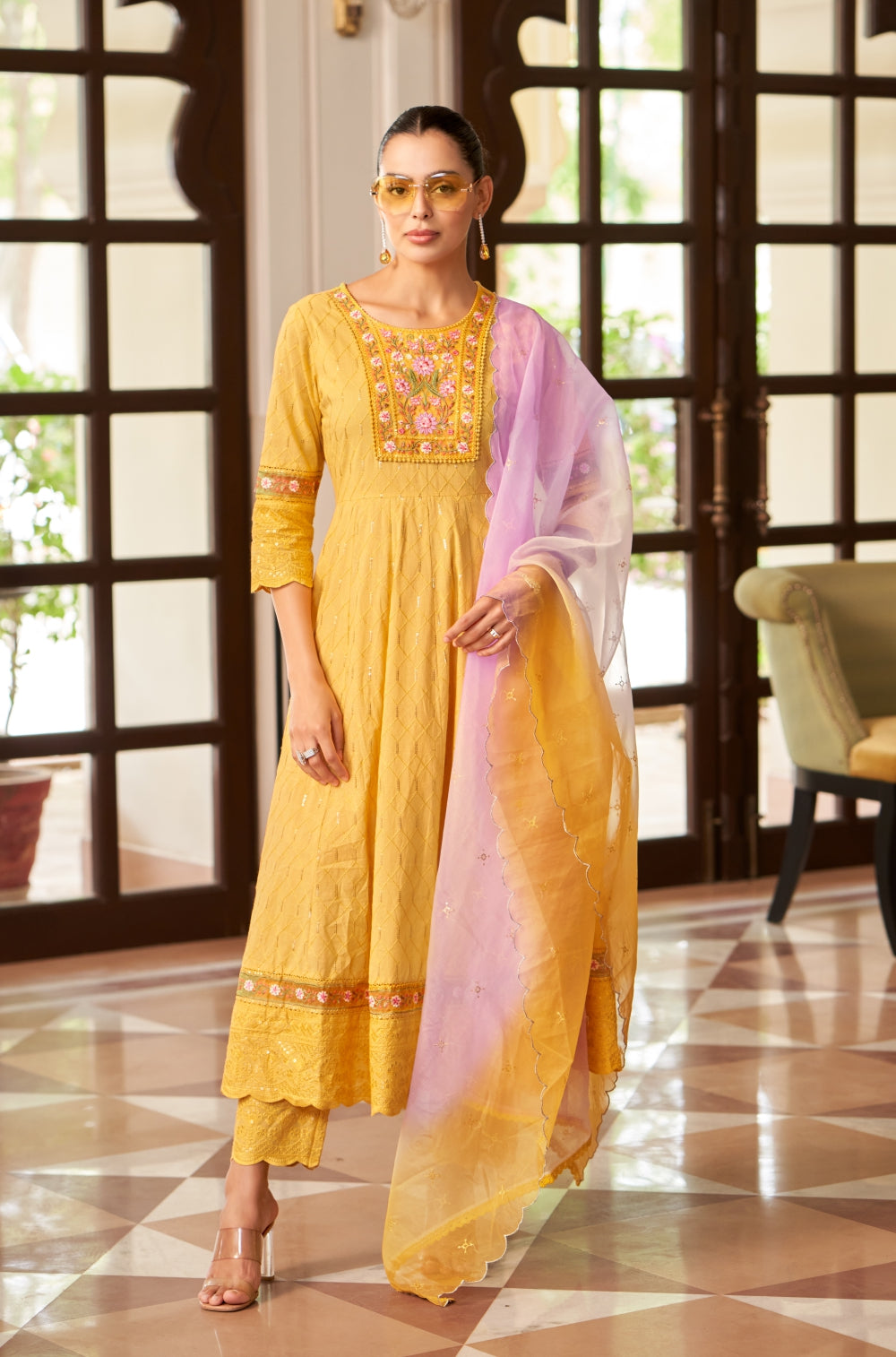 Mustard Cotton Chikankari Anarkali Set with Ombre Dupatta