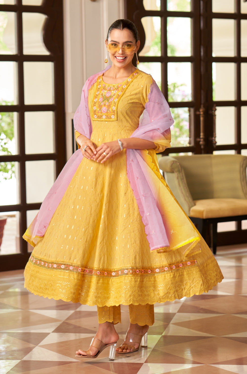 Mustard Cotton Chikankari Anarkali Set with Ombre Dupatta
