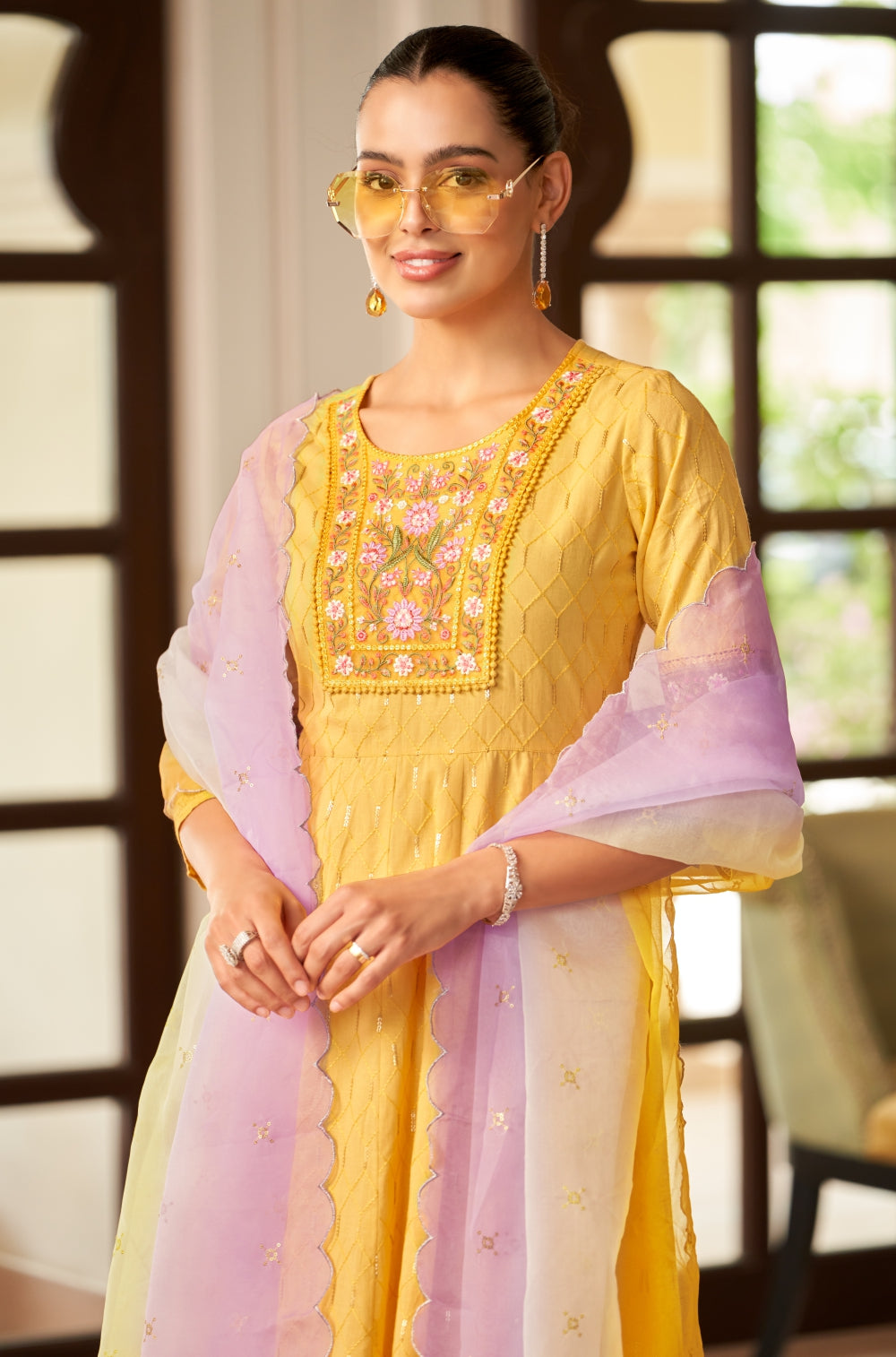 Mustard Cotton Chikankari Anarkali Set with Ombre Dupatta