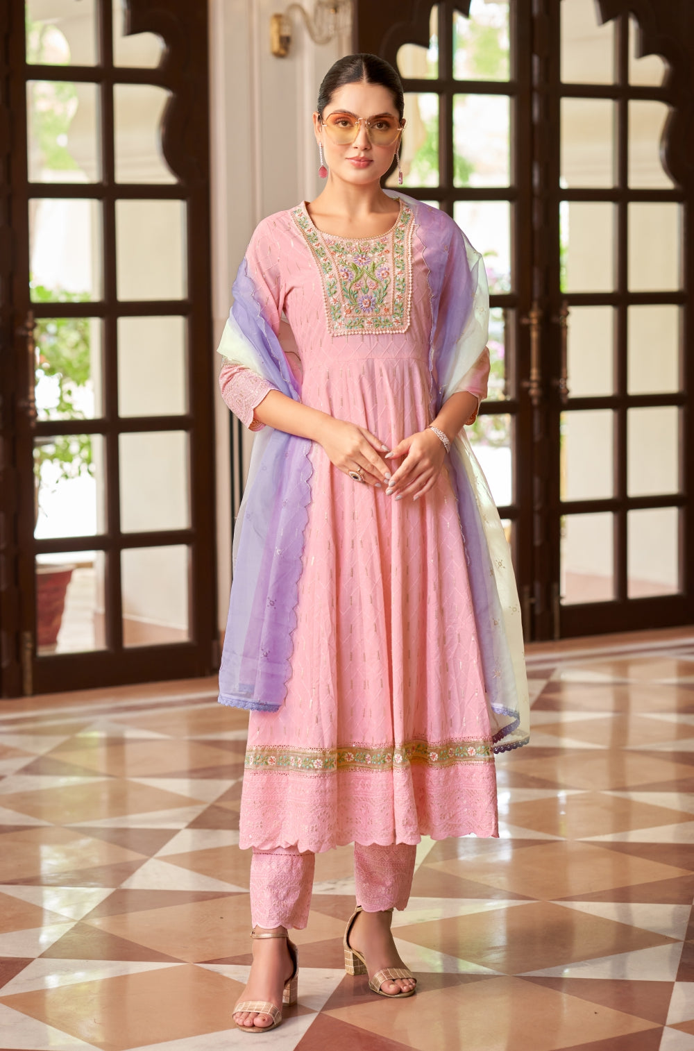 Pink Anarkali with Ombre Dupatta and Embroidered Yoke,3 pcs set