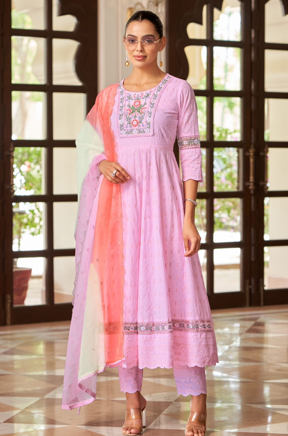 Anarkali set with fusion of Chikankari, Sequins, and Ombre Dupatta