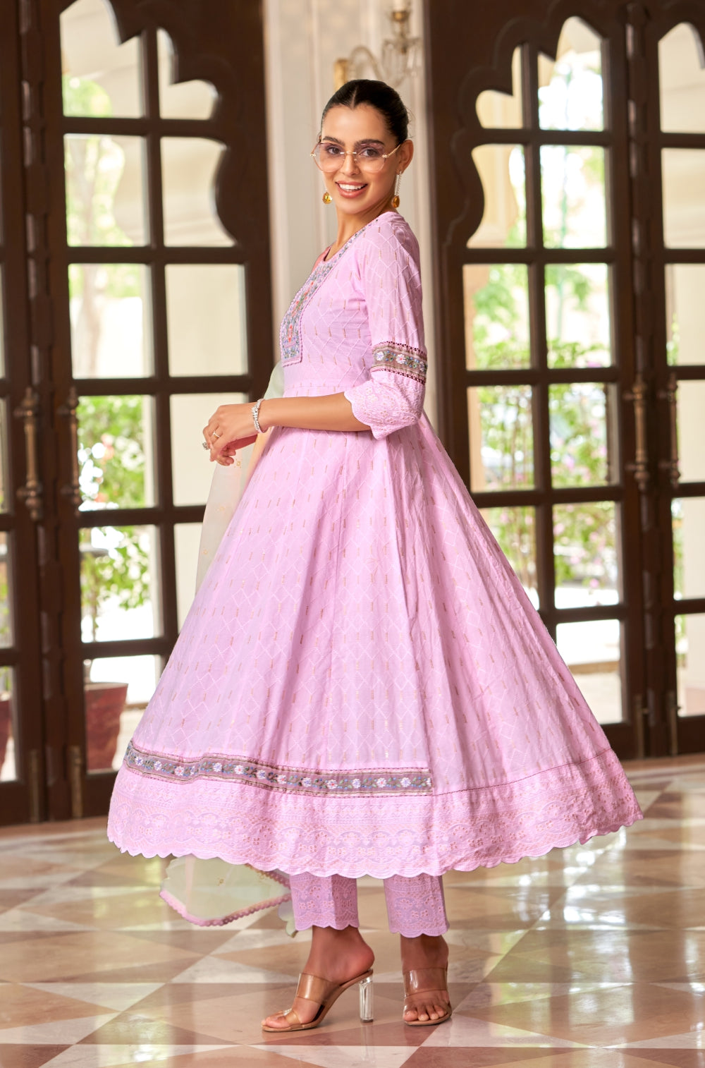 Anarkali set with fusion of Chikankari, Sequins, and Ombre Dupatta