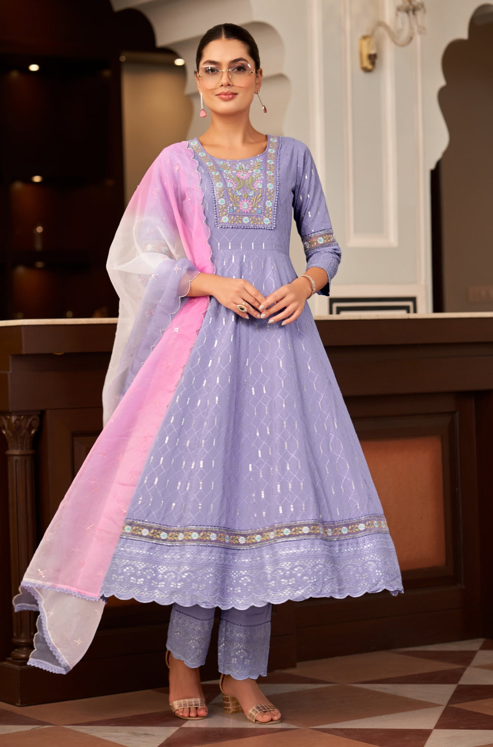 Powder Blue Cotton Cambric Chikankari Anarkali Set with Organza Lace & Dupatta