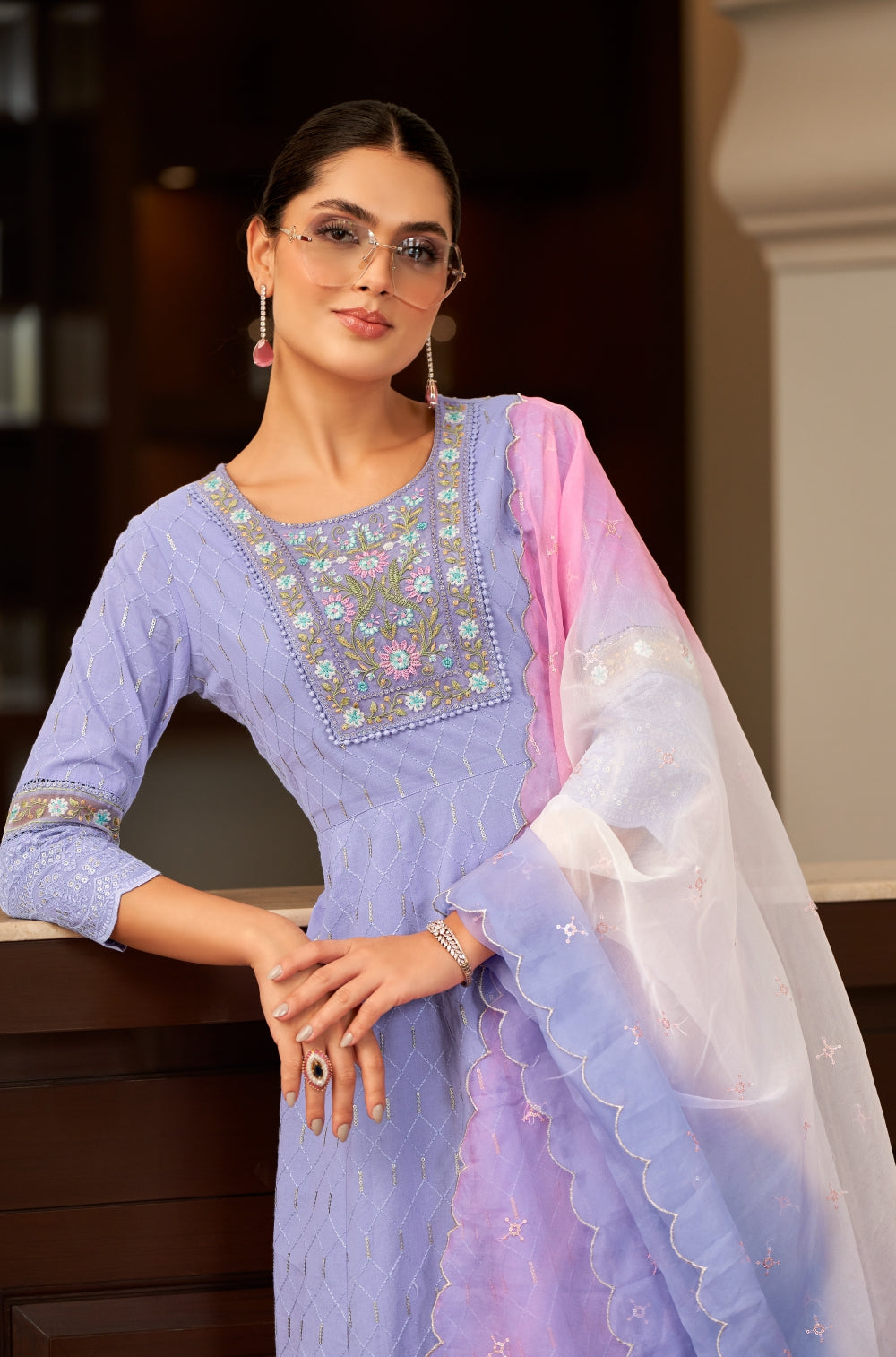 Powder Blue Cotton Cambric Chikankari Anarkali Set with Organza Lace & Dupatta