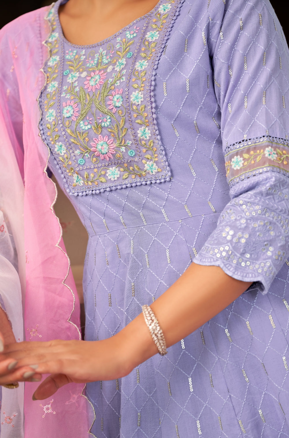 Powder Blue Cotton Cambric Chikankari Anarkali Set with Organza Lace & Dupatta