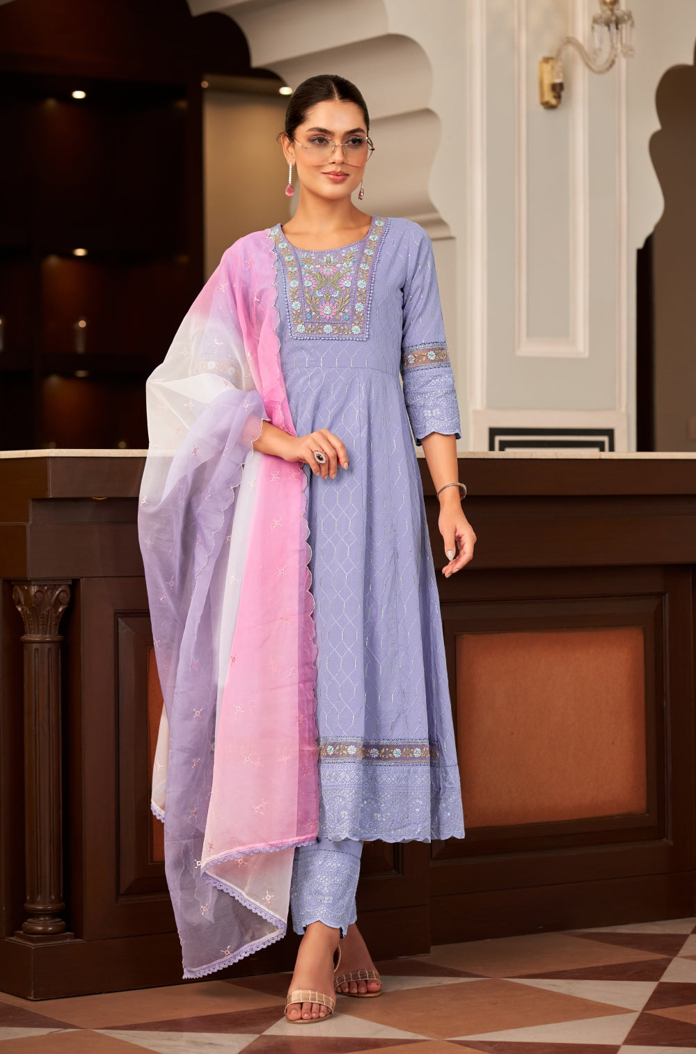 Powder Blue Cotton Cambric Chikankari Anarkali Set with Organza Lace & Dupatta
