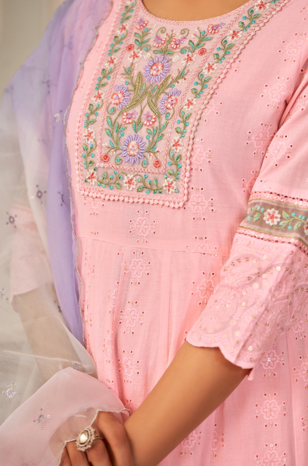 3-Piece Pink Chikankari Anarkali Set with Embroidered Dupatta