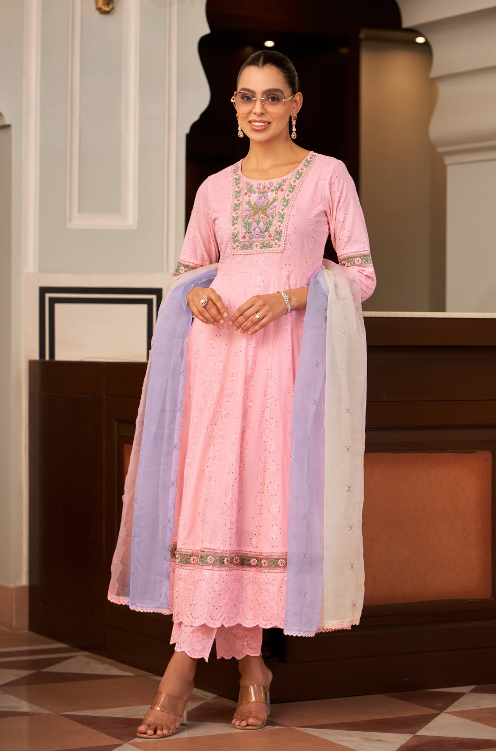 3-Piece Pink Chikankari Anarkali Set with Embroidered Dupatta