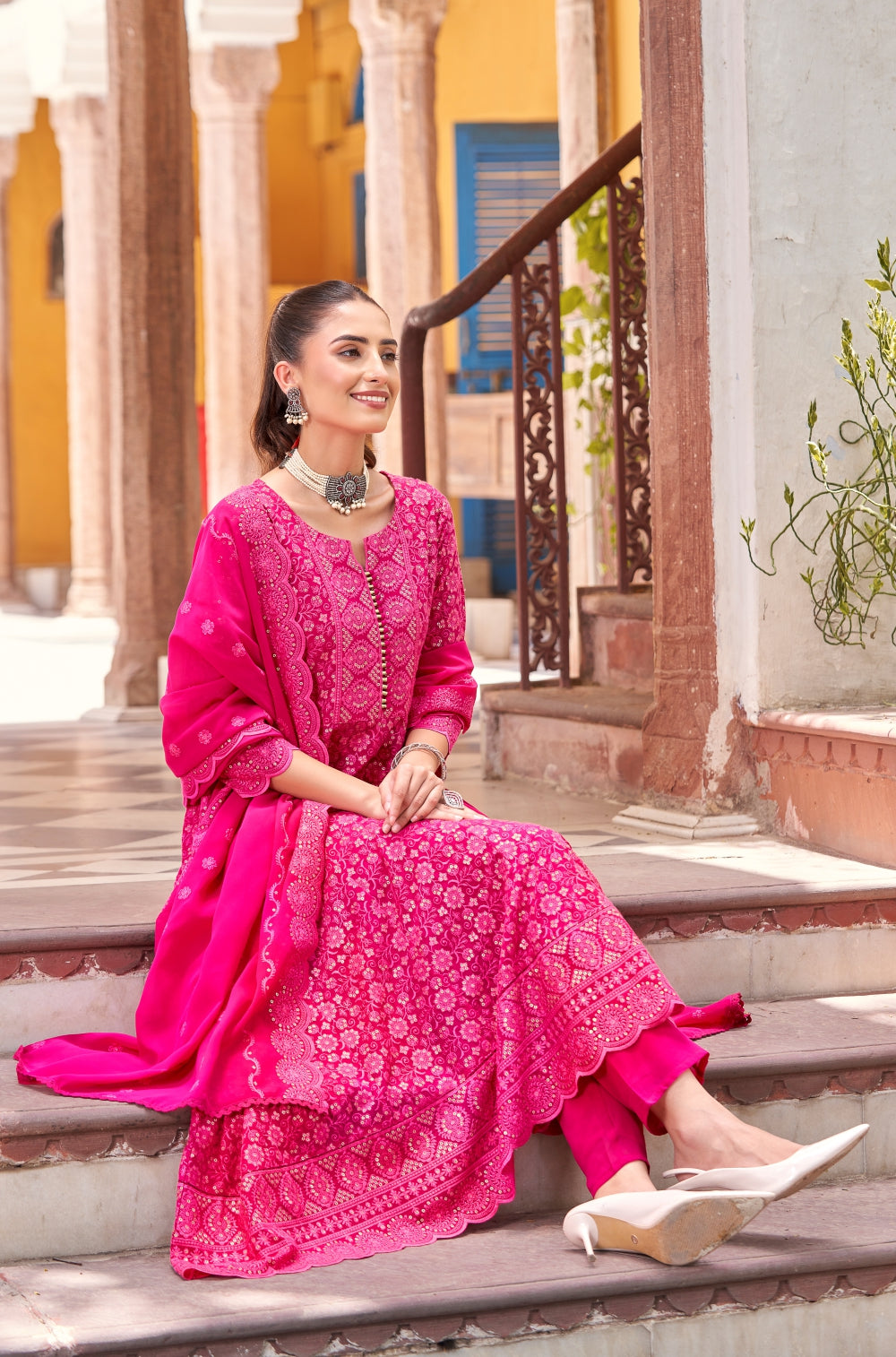 Georgette Anarkali Set with Handcrafted Chikankari & Sequins