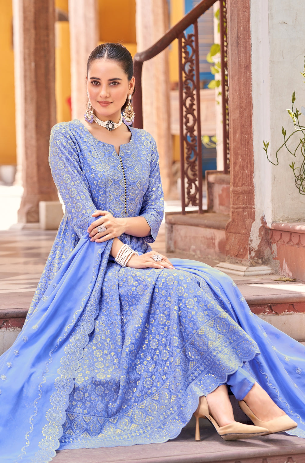Georgette Chikankari Anarkali 3-Piece Set with Mulmul Lining
