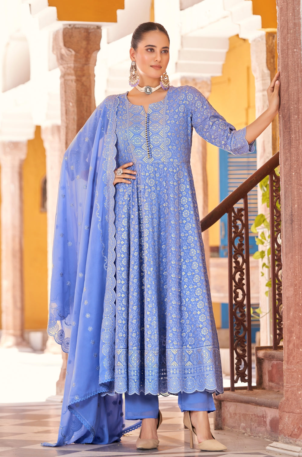 Georgette Chikankari Anarkali 3-Piece Set with Mulmul Lining