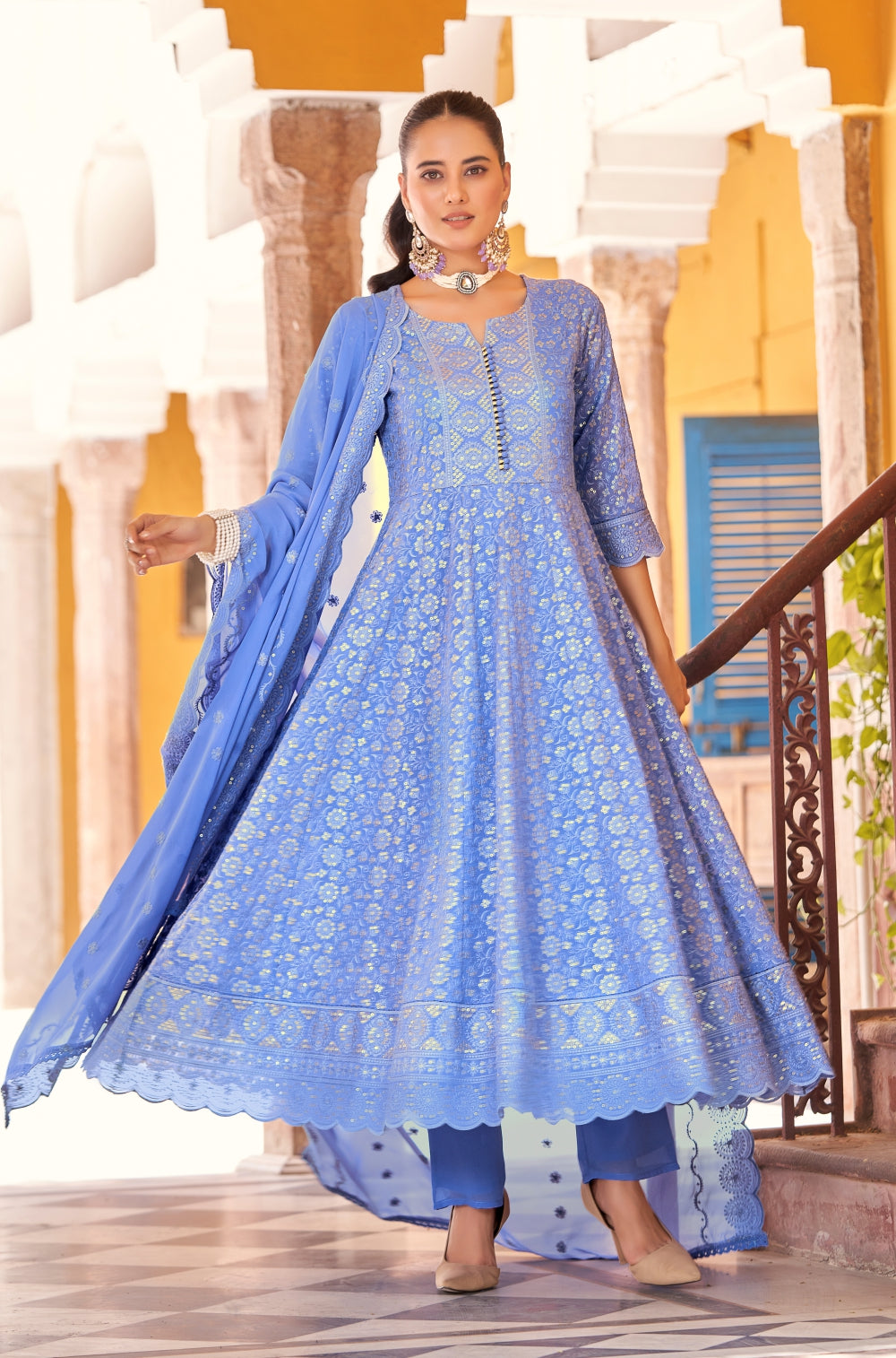 Georgette Chikankari Anarkali 3-Piece Set with Mulmul Lining