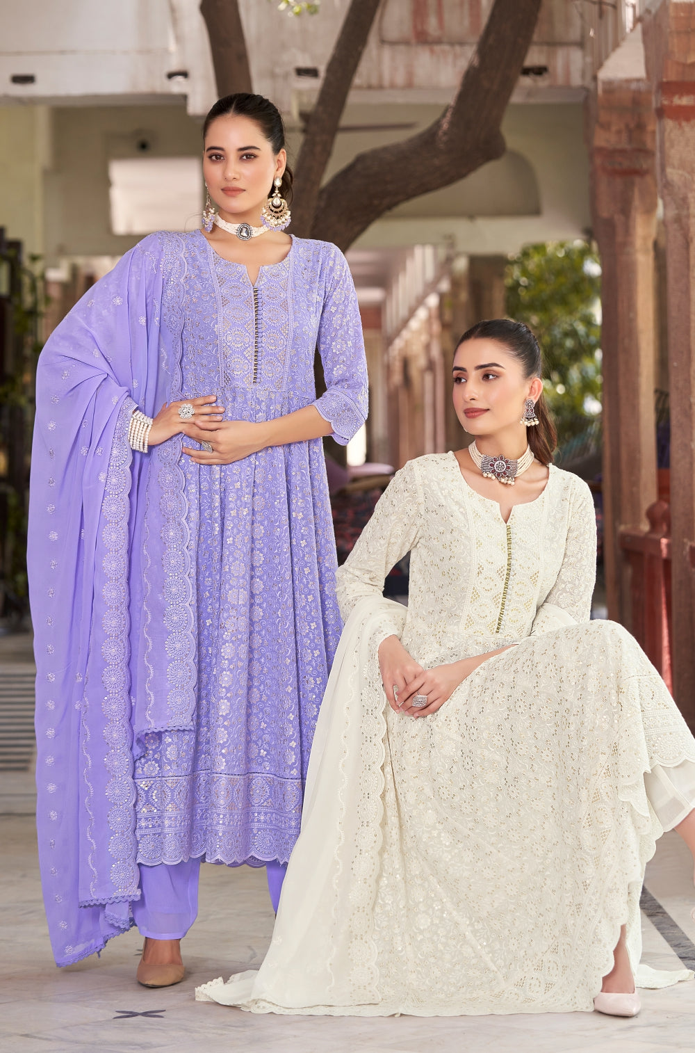 Off-White Chikankari Anarkali 3-Piece Set with Sequined Charm