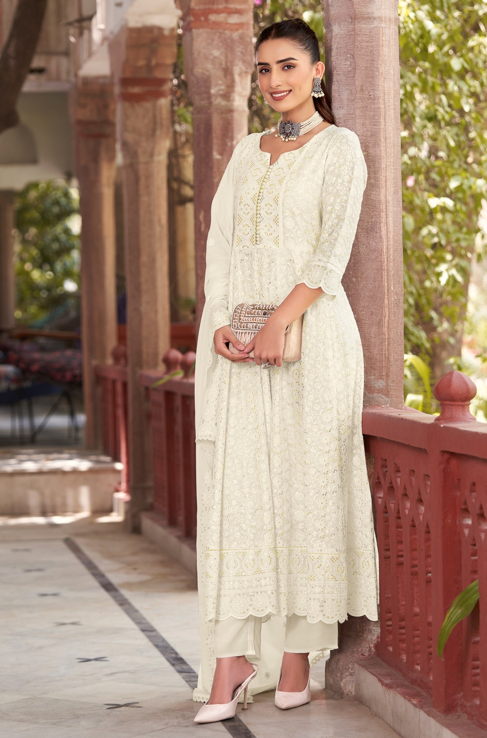 Off-White Chikankari Anarkali 3-Piece Set with Sequined Charm