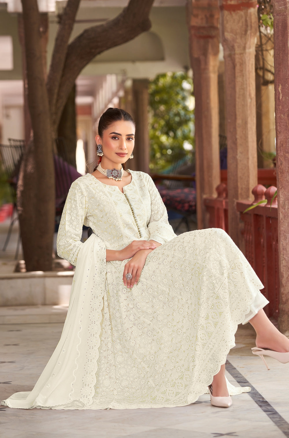 Off-White Chikankari Anarkali 3-Piece Set with Sequined Charm