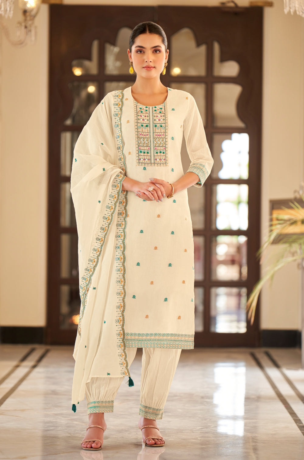 Off-White Embroidered 3-Piece Kurta Set with Afghani Shalwar & Hand-Embroidered Charm