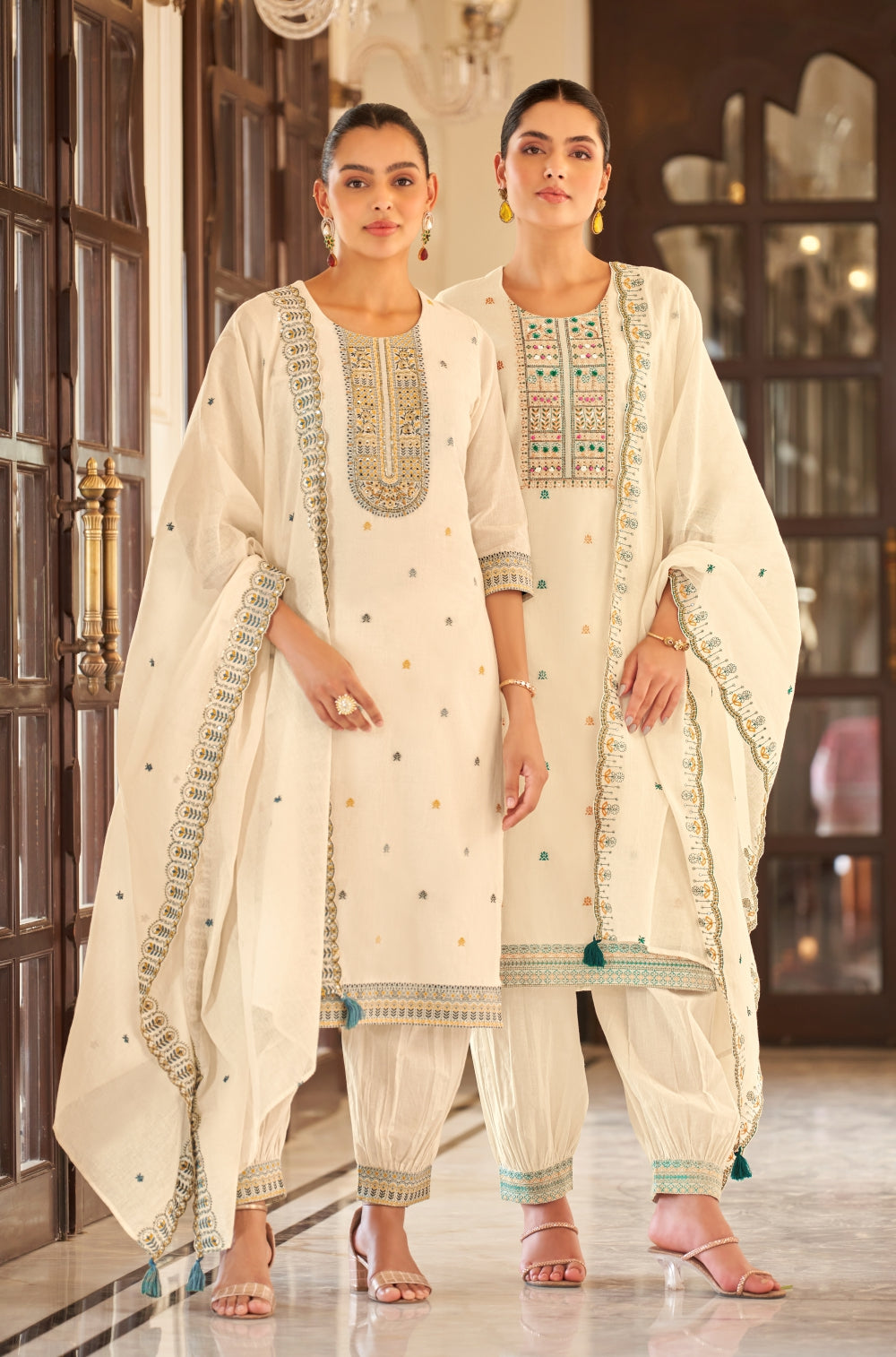 Off-White Embroidered 3-Piece Kurta Set with Afghani Shalwar & Hand-Embroidered Charm