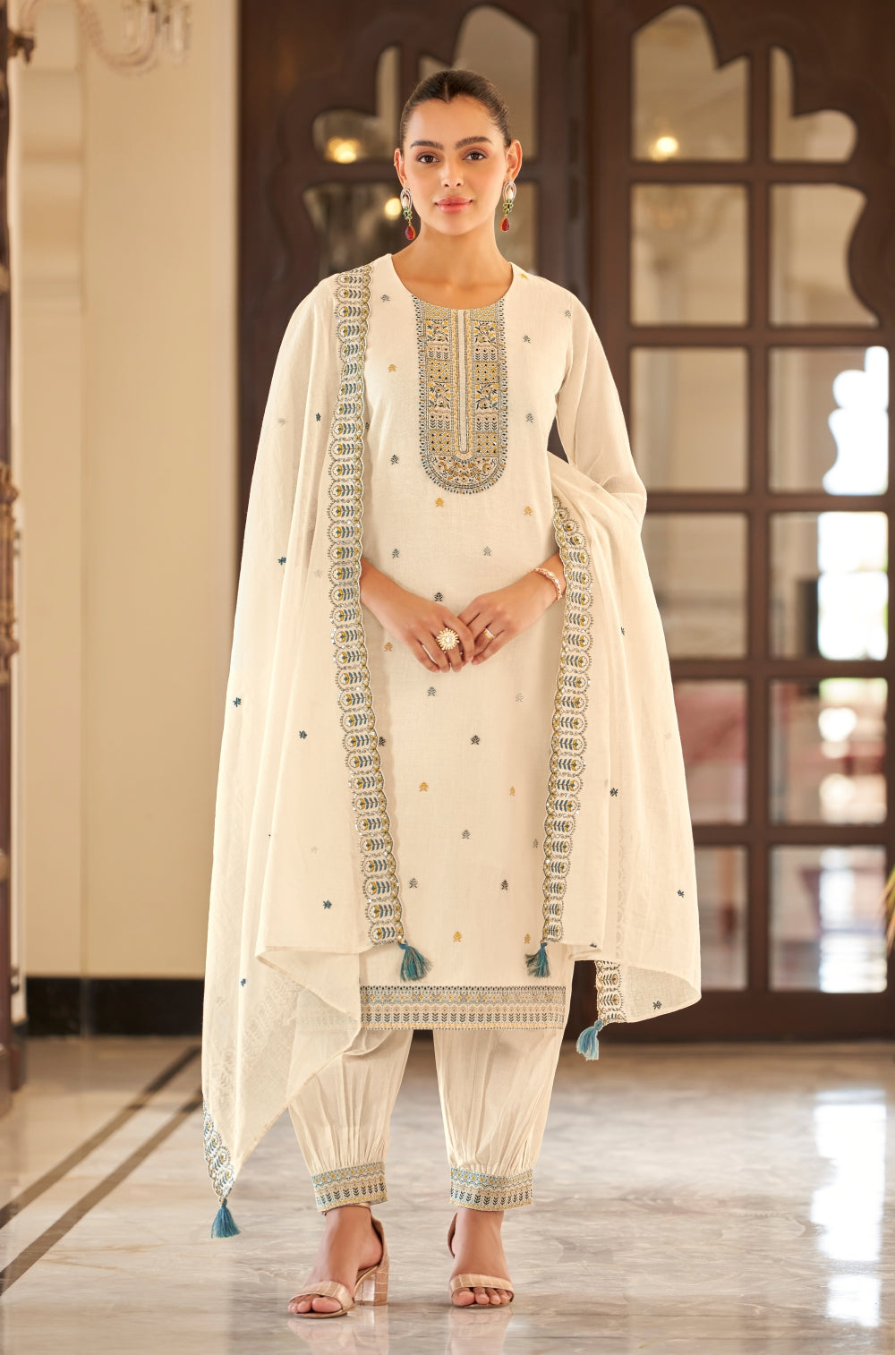 Off-White Embroidered 3-Piece Kurta Set with Afghani Shalwar & Hand-Embroidered Charm