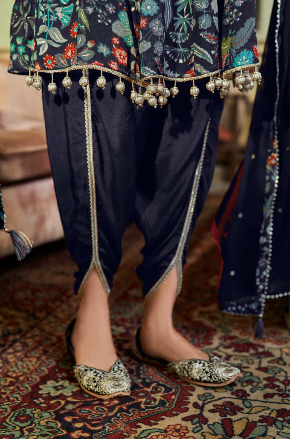 Teal blue Short top with Tulip pants and dupatta