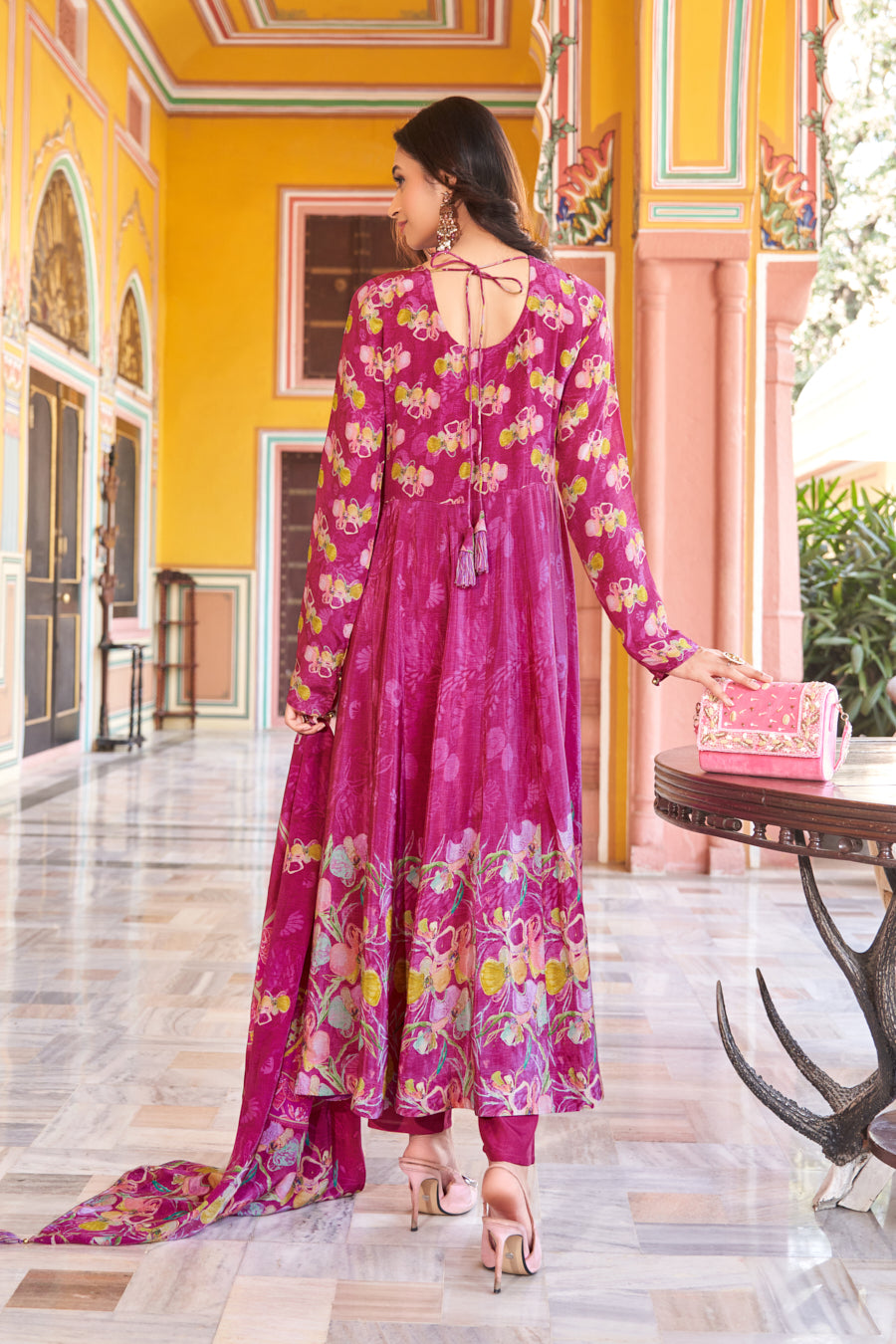 Lovely Lilac Anarkali Pure Viscose Crape Silk 3 Pc set,intricate Real mirror handwork on neckline and yoke