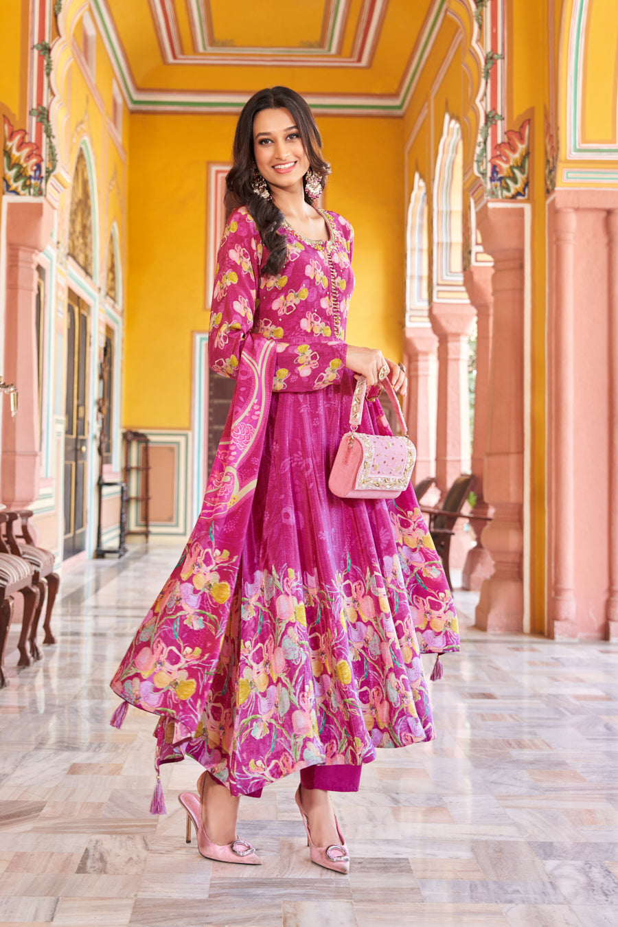 Lovely Lilac Anarkali Pure Viscose Crape Silk 3 Pc set,intricate Real mirror handwork on neckline and yoke